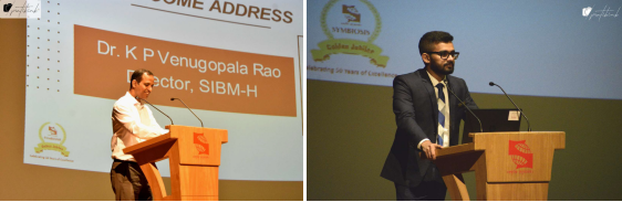 Top Left: Dr. K.P. Venugopala Rao, Director, SIBM Hyderabad addressing the gathering. Top Right: Mr. Neeraj Nandan, Second-in-command, Corporate Interaction Cell briefing the history of SymbiTalks.