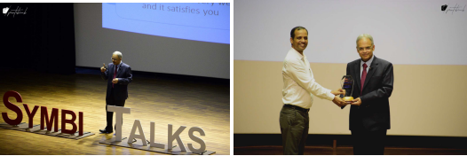 Left: Dr. Rajesh Parekh, Resilience Coach at Resilient Leadership, the second speaker of the day 1 addressing the students. Right: Dr. Rajesh Parekh being felicitated by Dr. K.P. Venugopala Rao, Director, SIBM Hyderabad.