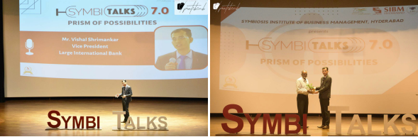 Left: Mr. Vishal Shrimankar, Vice President at Large International Bank., on the second day of SymbiTalks 7.0. Right: Mr. Vishal Shrimankar being felicitated by Mr. Nicholas Ross, SIBM Hyderabad.